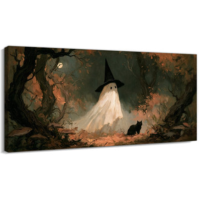 Art mural fantôme sur toile d'Halloween, décor d'Halloween rétro avec fantôme mignon et chat noir dans la forêt d'automne, photo prête à accrocher pour le salon, la salle de bain, la chambre à coucher, 24 x 12