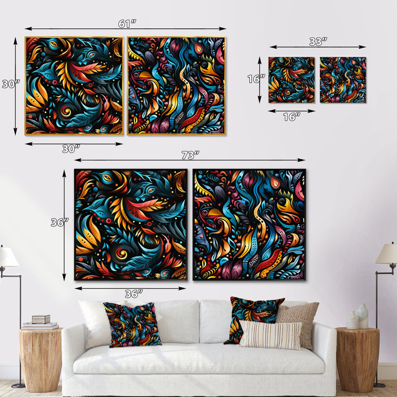 Jessamine - Ensemble de 2 collages carrés botaniques abstraits, Cadre flottant noir, H 30 po x l 61 po