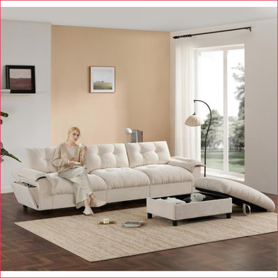 Canapé modulaire en L pour salon avec accoudoirs multifonctionnels, repose-pieds de rangement, conception capitonnée, 104 x 60 po | Beige | Chenille