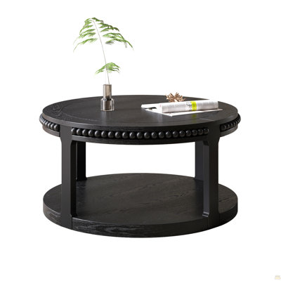 Table basse ronde en bois massif de 31,5 po pour le salon, bureau en bois rustique à 2 niveaux avec tablette de rangement, mobilier de maison moderne (noir)