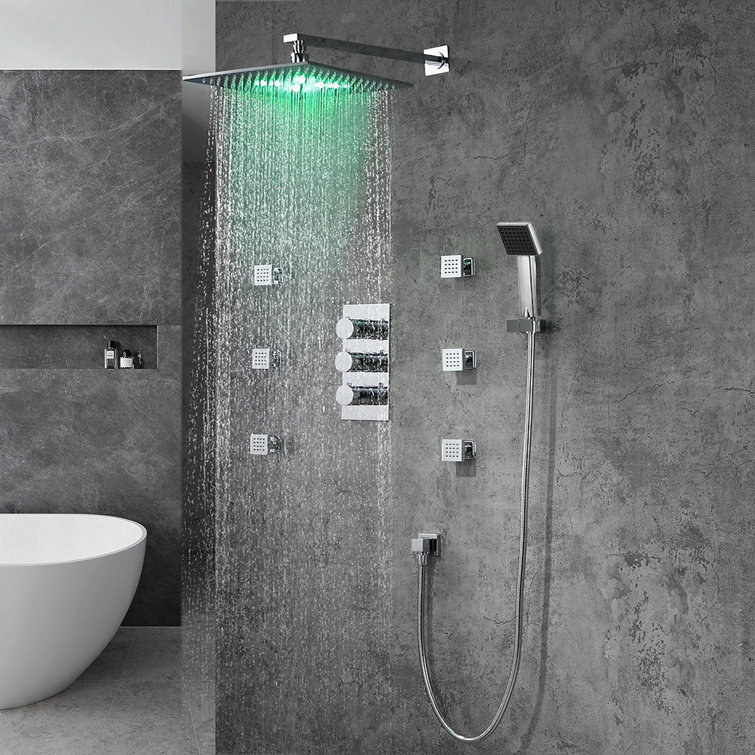 Trialo Solid Brass LED Rain Shower Head Color Changing with Temperature Responsive Design
