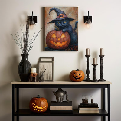 Halloween, art mural sur toile, mystérieux chat noir avec un chapeau de sorcière, pattes sur une citrouille rougeoyante, ambre clair, feuilles d'automne tombées sur fond rétro