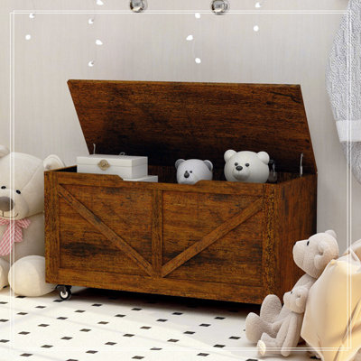 Coffre de rangement, coffre de rangement sur roulettes avec freins, support de banc de rangement robuste de 300 lb, banc d'entrée en bois, banc à chaussures, mobile, charnière de sécurité, ouverture en forme de U, assemblage facile