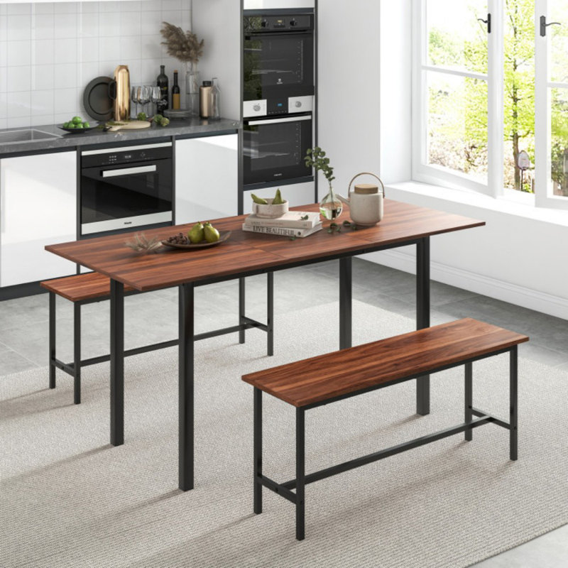 3 Piece Dining Table Set for 4-6 with 2 Benches, Walnut, Walnut