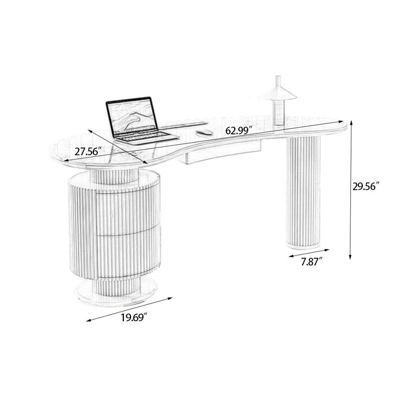 Bureau courbé en cristal fritté + bois manufacturé avec 3 tiroirs, H 29,56 po x l 62,99 po x P 27,56 po, Retour à gauche