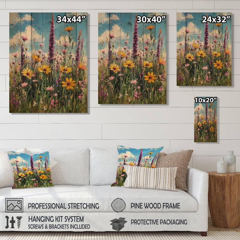 Fleurs sauvages dans des tons pastels impressionnistes I - décoration murale en bois de fleurs sauvages - sur bois de pin naturel