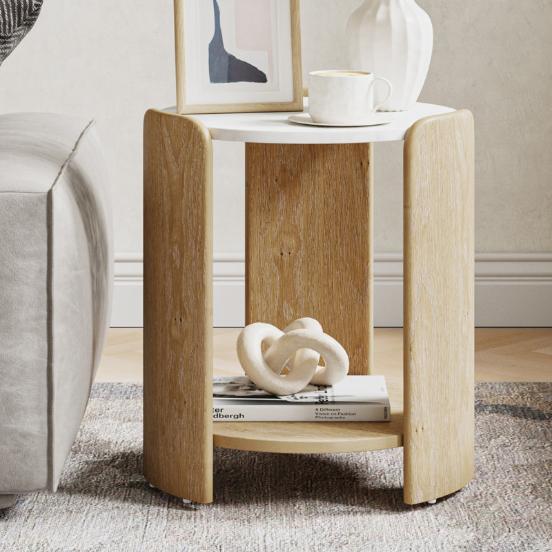 Fermina Modern Oak Veneer Wood Legs Round Marble Top End Table, Natural