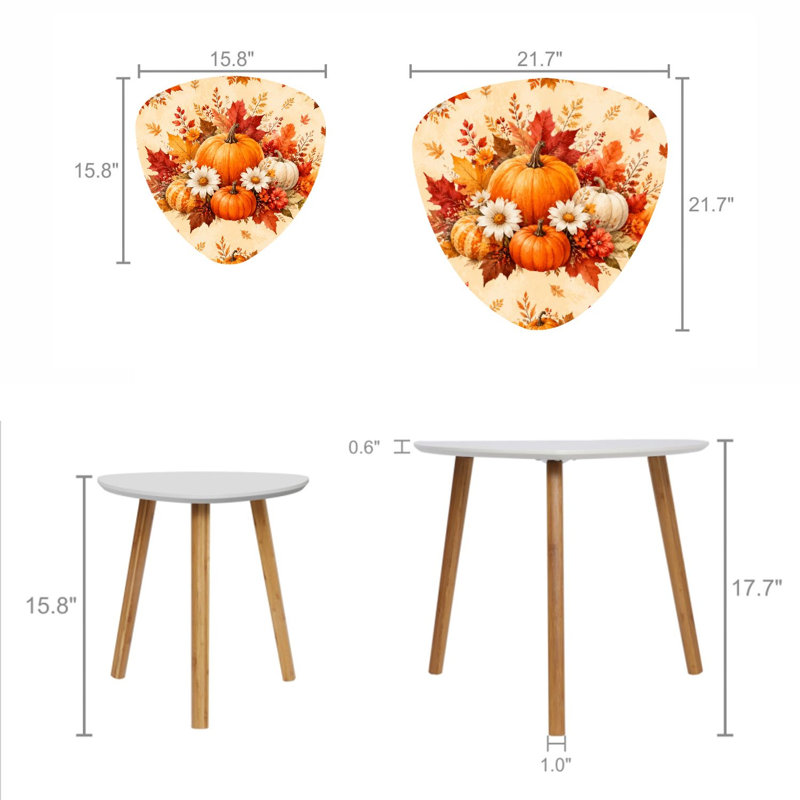 Ensemble de 2 tables basses gigognes triangulaires modernes, motif citrouilles et fleurs colorées d'automne, style milieu du siècle, idéales comme table d'appoint ou petite table de chevet pour salon, chambre, appartement ou décoration intérieure.