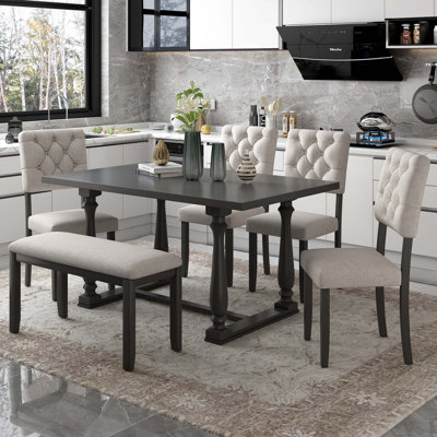 Ensemble 6 pièces de table et chaises de salle à manger avec pieds de forme spéciale et dossiers et coussins recouverts de mousse pour la salle à manger