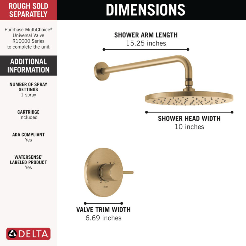 Modern Raincan Round Single-Function Shower Faucet Set, Valve Trim Kit, Rainfall Shower Head, Champagne Bronze