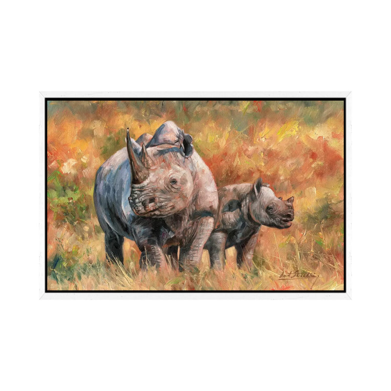 Rhino And Baby by David Stribbling - Gallery-Wrapped Canvas Giclée on Canvas, White Framed, 101.6 cm H x 66.04 cm W