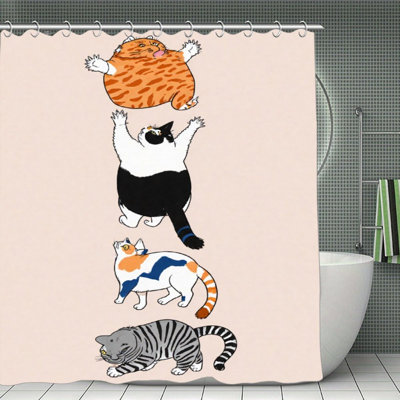Playful Chonky Cat Lineup Shower Curtains For Bathroom, 71W × 71L