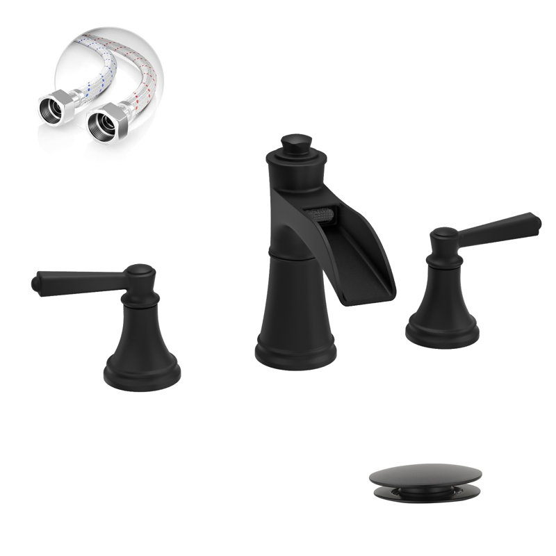 Waterfall 8 In. Widespread Double-Handle Bathroom Faucet Set 3-Holes Vanity Sink With Metal Drain, Matte Black