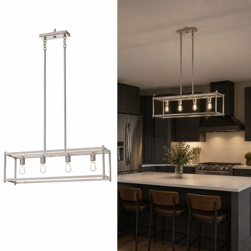 Lustre linéaire à 4 lumières DEL, luminaires suspendus cage à oiseaux, finition nickel brossé, luminaires suspendus décoratifs suspendus pour chambre à coucher, cuisine, base E26 (ampoule non incluse)