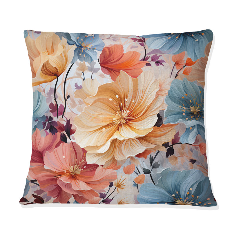 Coussin décoratif imprimé floral jaune et bleu, H 18 po x l 18 po