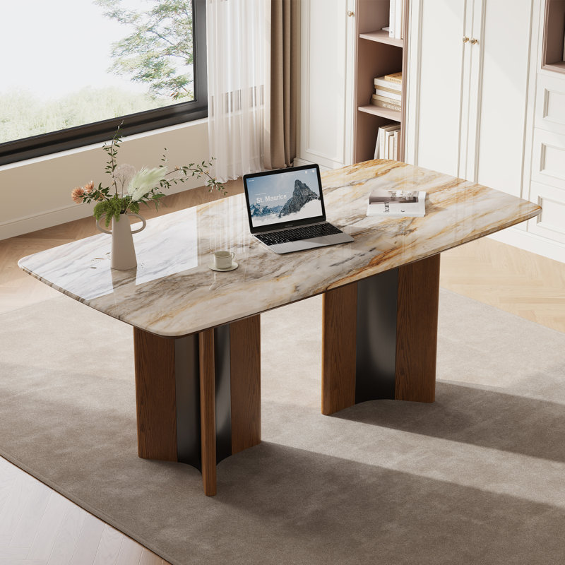 Modern 63" Retangular Wrining Desk, Faux Marble Table Top Desk With Double Legs