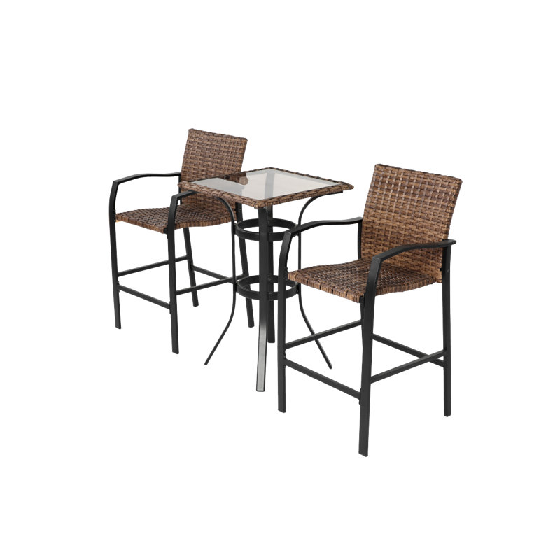Ensemble de 3 tabourets de bar d'extérieur, chaises de bar en rotin, plateau de table en verre, tabourets de bar en osier pour la cour, le jardin, la piscine, le balcon et la terrasse, brun
