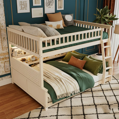  Lit superposé double au-dessus de grand lit double 83,7 po avec conception convertible 2-en-1 - structure en bois robuste avec lumières DEL et panneau perforé - capacité de 600 lb - Beige