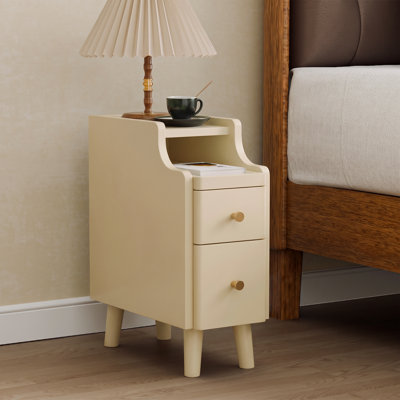 19.7" H Narrow Nightstand with Drawers, Pre-Assembled Solid Wood Small Skinny Night Stand with Open Sliding Shelf