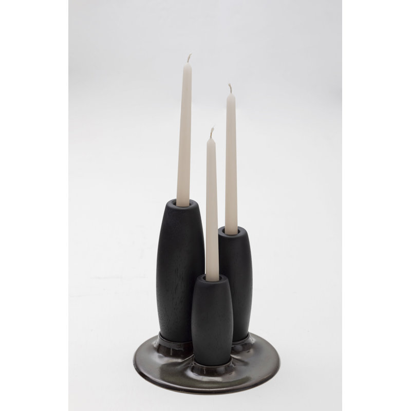 Salar Decorative Ceramic Candleholder With Gold Leaf Solid Wood Plynths By Andean, In Stock, Black