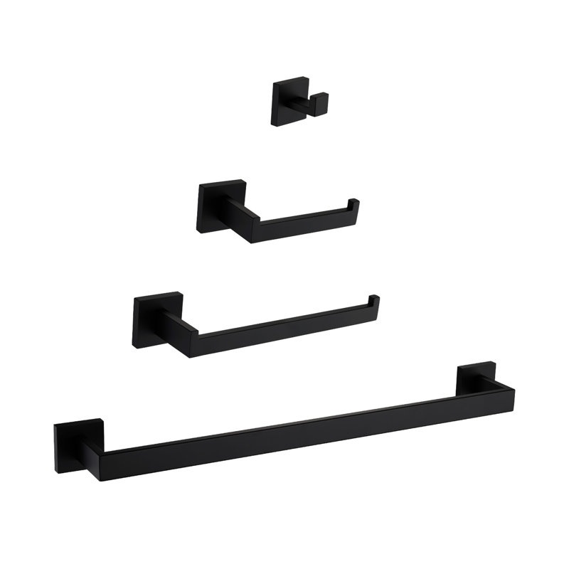 4 Bathroom Hardware Ensemble In Matte Black - 304 Stainless Steel, Rust-, Scratch-, Modern Outlook, Easy Setup For Multiple Rooms Accessories Compilation 4 Pieces, Design, Effortless Installation
