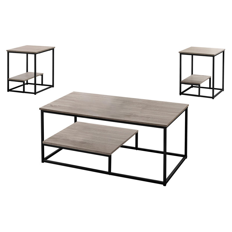 Table moderne 3 pièces - table basse et 2 tables de bout, finition stratifiée taupe, détails en métal noir, surface de vie 3 pour la pièce: café, plateaux latéraux, tablette surélevée, détails