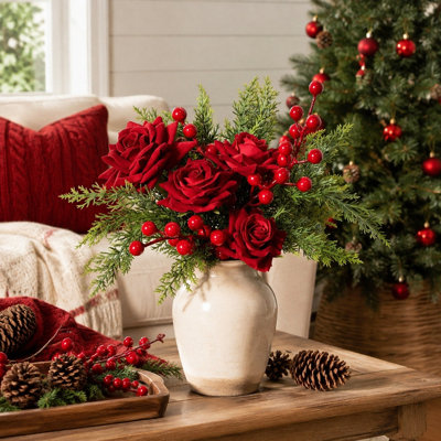 Ensemble de 11 pièces de fleurs de Noël artificielles, rose rouge en velours, tiges de baies rouges et brins de pin vert pour couronne, guirlande, vase, décoration de vacances