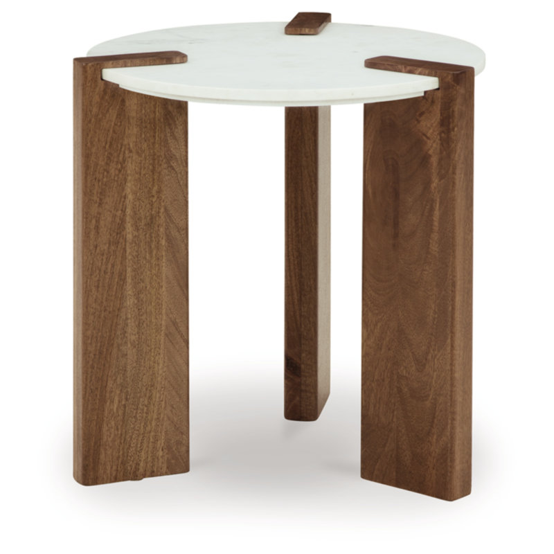 Round White Marble and Brown Wood End Table