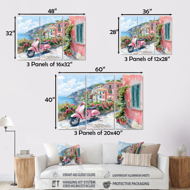 Scooter rose dans un village côtier, Italie III - ensemble de décorations murales Italie, Métal métal