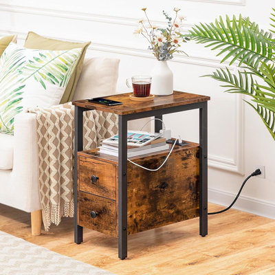 Slim Side Table with Charging Station – 2 Drawer Nightstand for Small Spaces