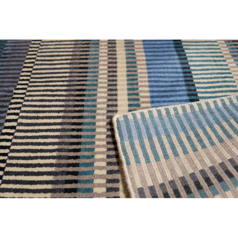 Blue Hand-Knotted Wool Striated Color Block Geometric Modern Contemporary Carpet Rug, 8' x 10'