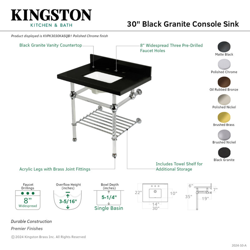 Kingston Brass Templeton 30-Inch Black Granite Console Sink with Acrylic Legs and Shelf (8-Inch, 3-Hole), Brushed Nickel