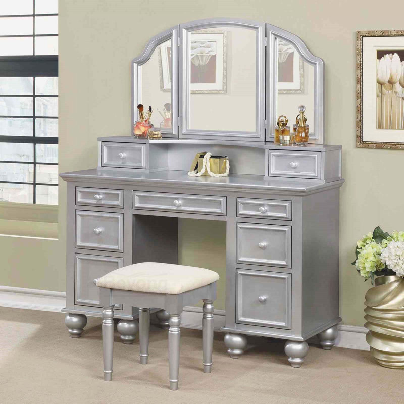 Transitional Style  1pc Vanity w/ Stool Set Knob Handles Storage Drawers 3-Sidded Mirror Silver Finish Bedroom Furniture