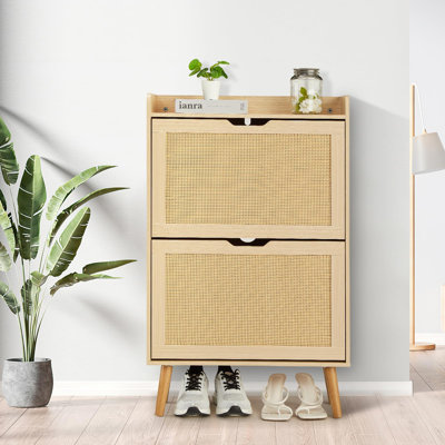 Range-chaussures - rangement pour chaussures caché avec 2 tiroirs en rotin rabattable et conception anti-basculement, armoire à chaussures pour vestibule, vestibule