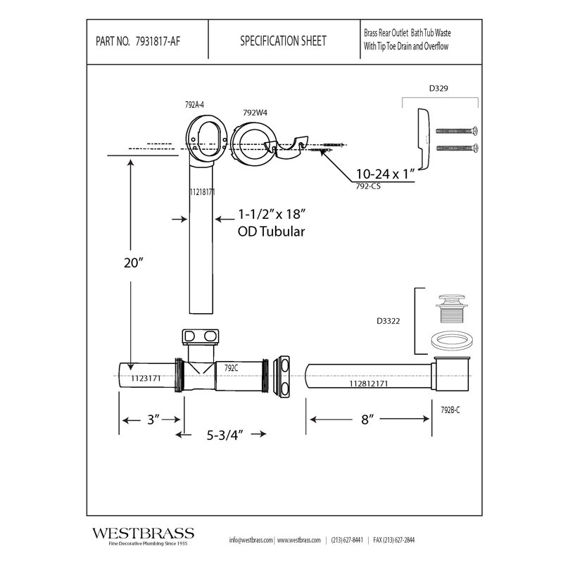 Above Floor Tip-Toe Bathtub Leg Drain Assembly with 2-Hole Overflow, Polished Brass