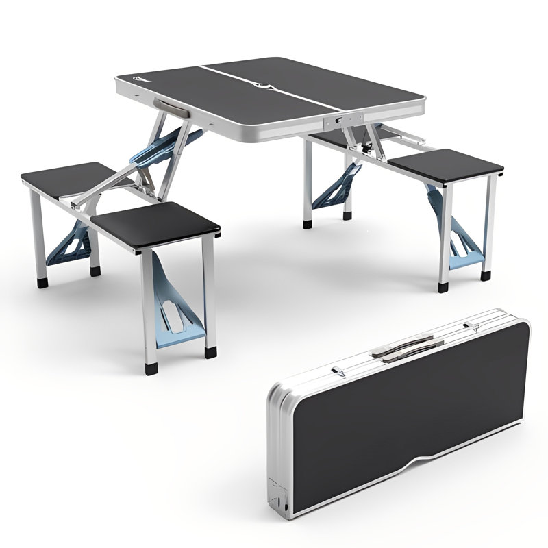 Patio Black Aluminium Portable Camping Table Chair Set, Black