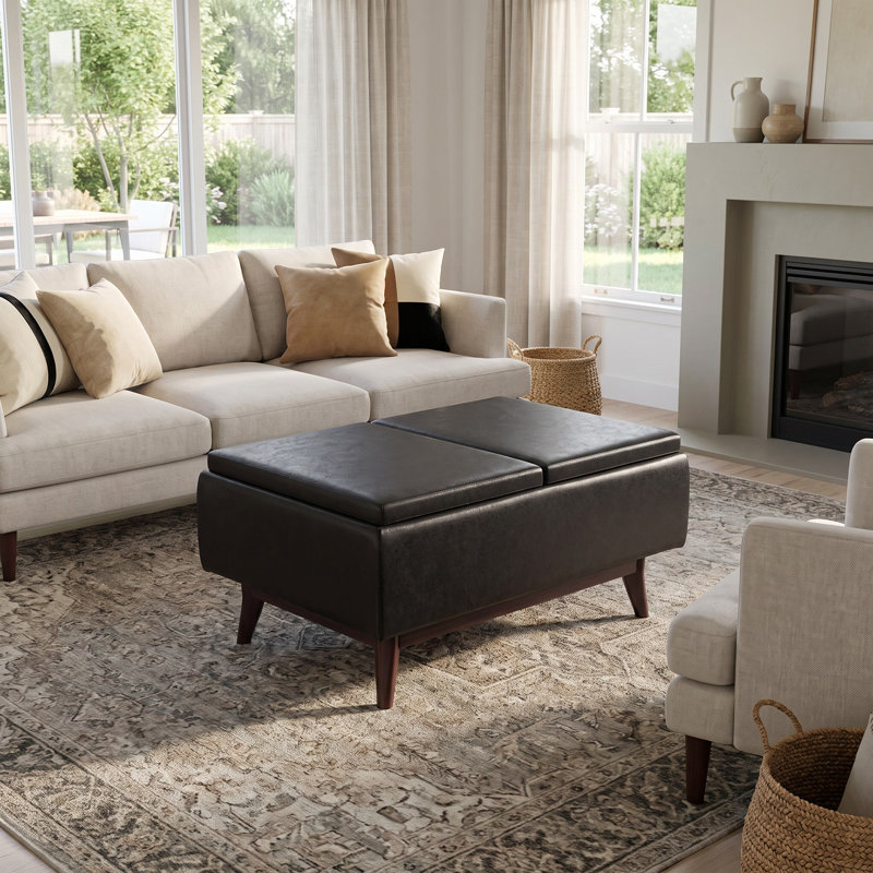 Repose-pieds capitonné rectangulaire Mid-Century avec plateau Owen, Similicuir noir vieilli