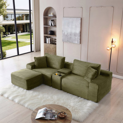 Canapé modulaire modulaire, canapé en nuage de velours côtelé à siège profond avec porte-gobelets, ports USB et boîte de rangement, canapé-lit, canapé sans dossier avec repose-pieds mobile pour le salon, aucun assemblage requis, vert