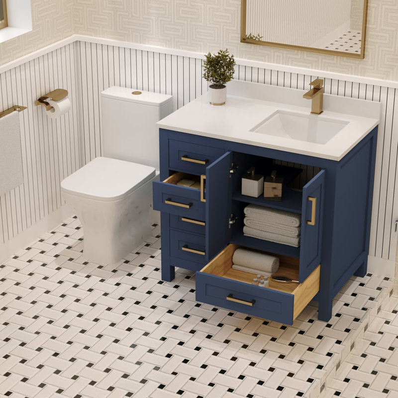 Meuble-lavabo simple 36 po avec plateau en quartz blanc Rooh, Bleu, Or brossé