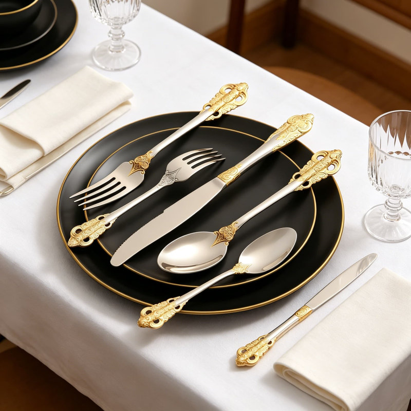 Ensemble de couverts 20 pièces de luxe, ensemble de couverts en acier inoxydable 304 avec accents dorés, ensemble de couverts polis miroir pour un dîner raffiné et des occasions spéciales