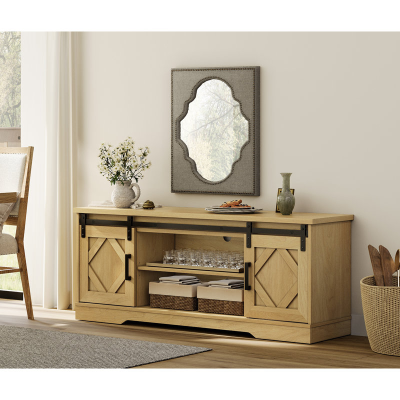 Laziza Solid Wood Mid Century Morden TV Stand for TVs up to 65",Antique White, Natural Oak