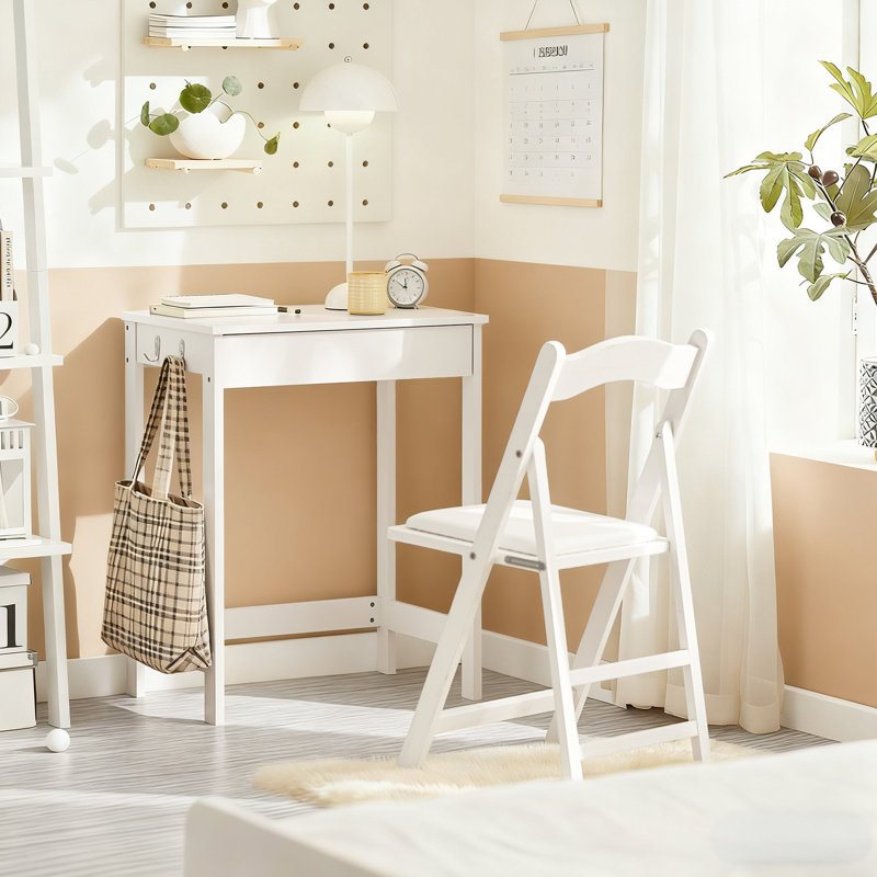Petit bureau d'écriture blanc avec 1 tiroir et 2 crochets, Blanc / blanc