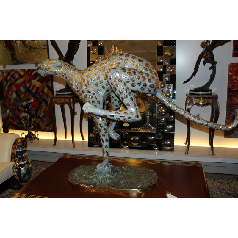 Running Cheetah - Gold Pleated Bronze Statue -  Size: 67"L x 23"W x 41"H. 