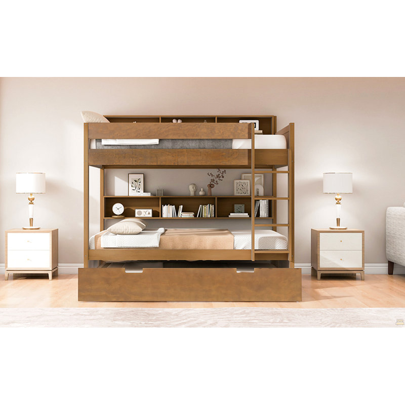 Lit double superposé au dessus d'un lit double avec lit gigogne, bois antique