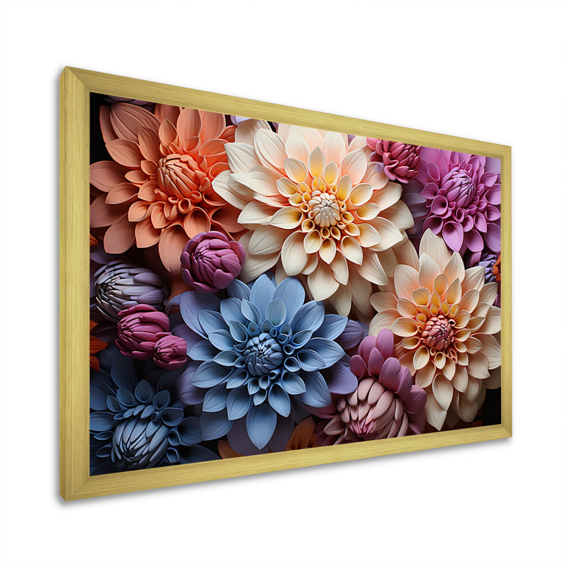 «Mums Burst» aux couleurs vives et éclatantes I sur toile, Cadre doré simple, H 34 po x l 44 po x P 1,5 po