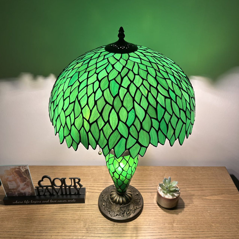 Haydee Tiffany Table Lamp Green Leaves Stained Glass Shade And Base LED Bulbs Included 12"W*12"D*22"H , 24" H x 16" W x 16" D