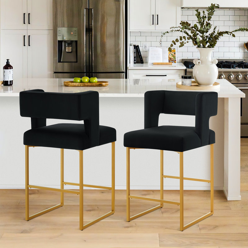 Tabouret de comptoir rembourré Alyncia, Siège noir / cadre doré