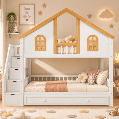 Lit superposé en bois avec escalier de rangement et lit gigogne, cadre de lit cabane avec fenêtres et tiroirs