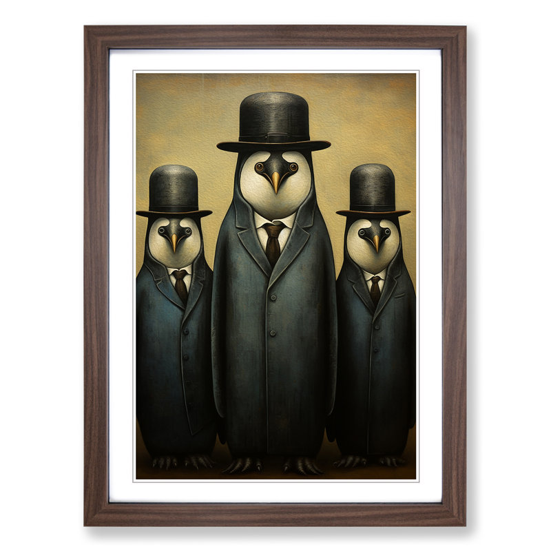 Penguin Dadaism - Single Picture Frame Print on Wood, 46cm H x 34cm W x 2cm D, Walnut Framed
