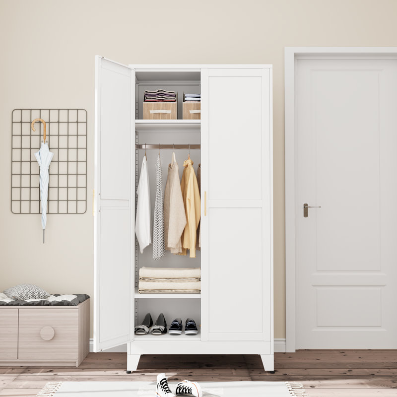 Armoire-penderie en métal avec armoires de rangement et tringle à vêtements, Blanc